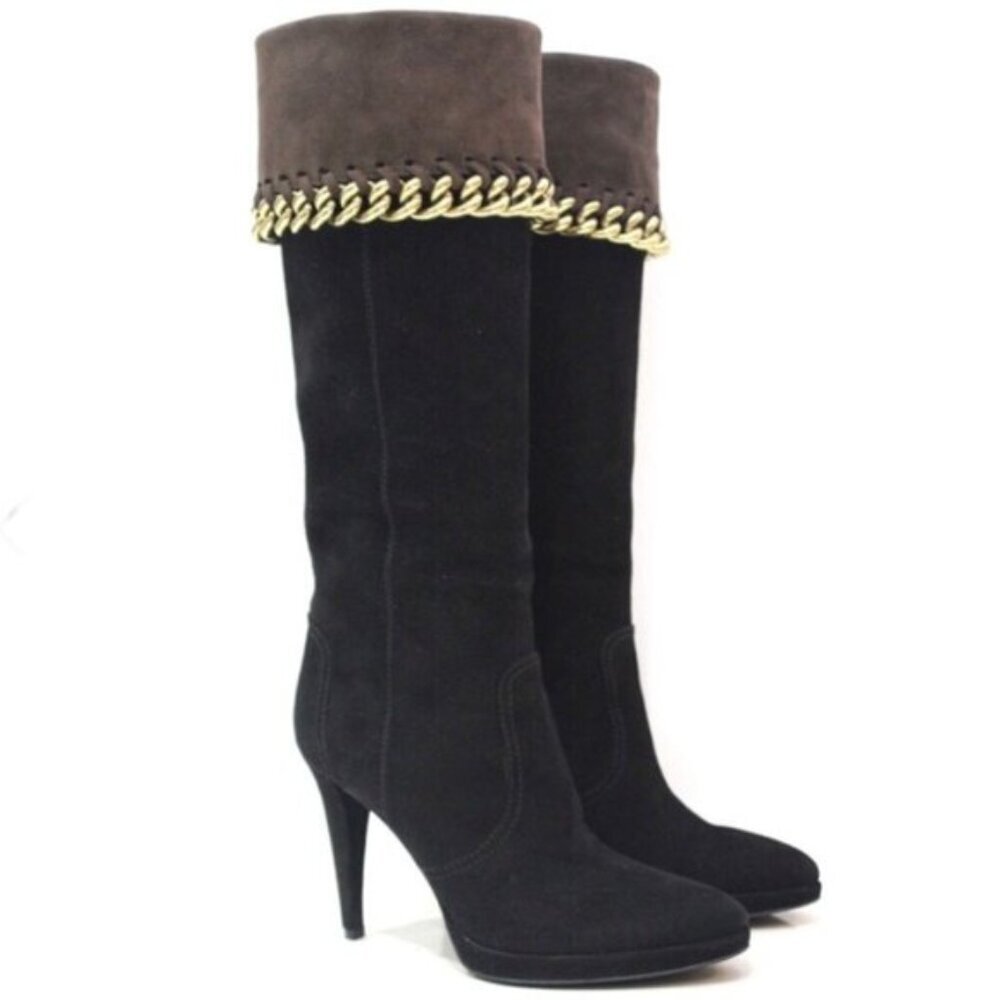 Sergio Rossi Over Knee Suede Chain Trim Tall Boots Leather Heel Platform Brown 8